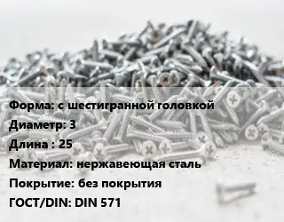 Шуруп с шестигранной головкой 3х25 нержавеющая сталь без покрытия ГОСТ: DIN 571